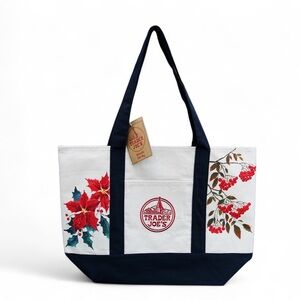 Hand Painted Trader Joe Canvas Christmas Tote Bag with Poinsettia and Red Berry